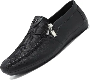 Men's Vintage Leather Zipper Loafers Slip On Comfortable Soft Sole Moccasin Boat Shoes Stylish Casual Driving Walking Shoes