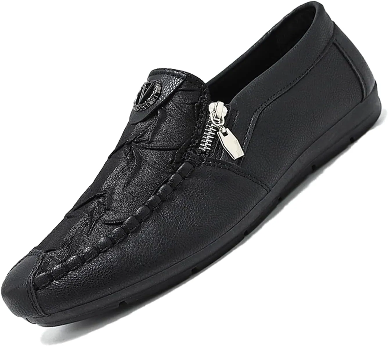 Men's Vintage Leather Zipper Loafers Slip On Comfortable Soft Sole Moccasin Boat Shoes Stylish Casual Driving Walking Shoes