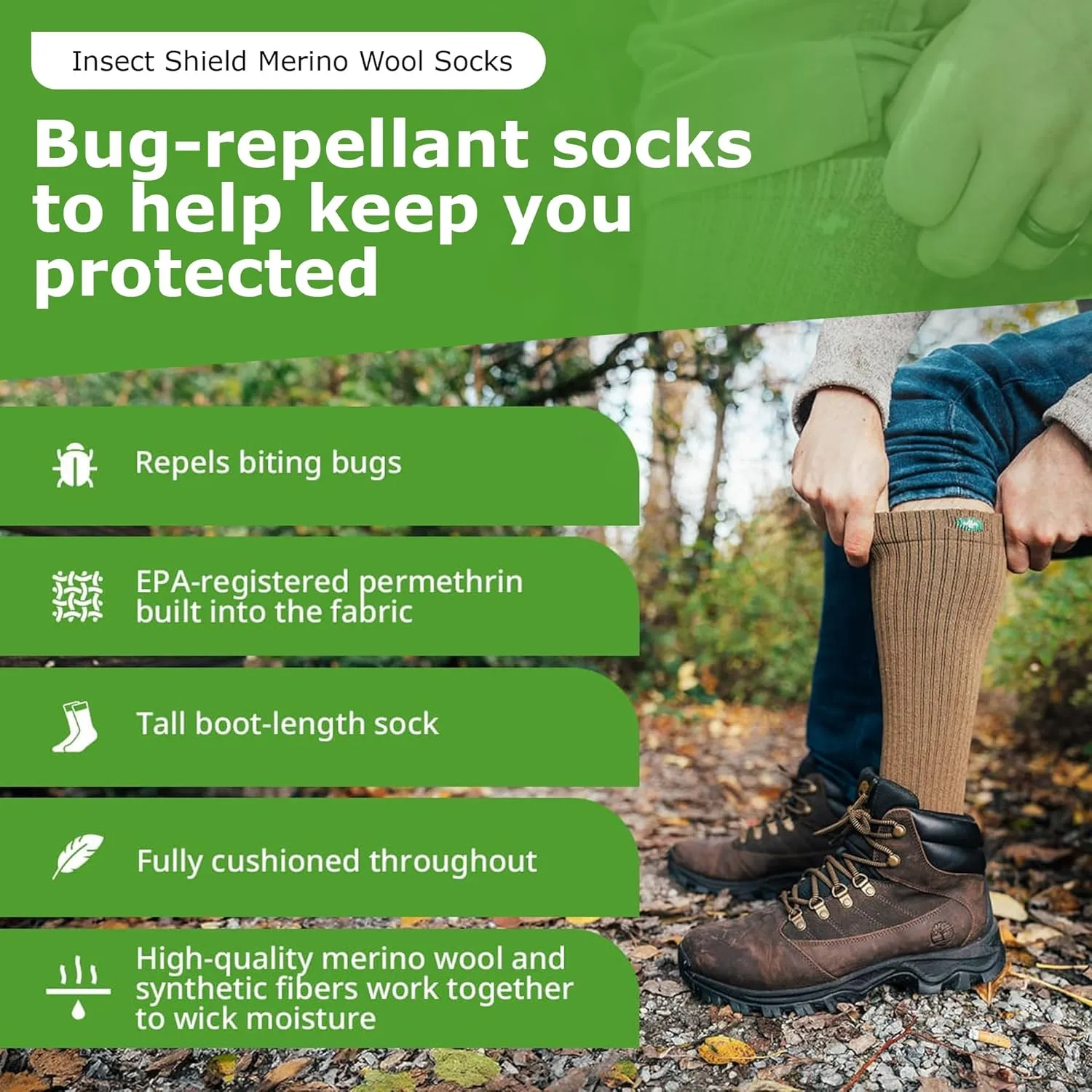 Merino Wool Hiking Socks, Stretchy and Comfortable Tall Boots Socks with Padding and Insect Protection