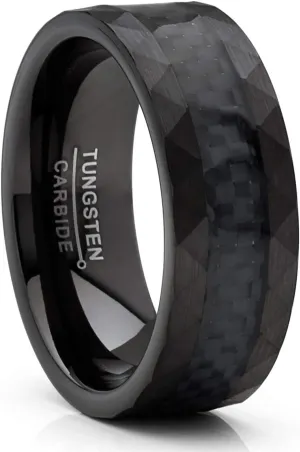 Metal Masters CO. Men's Tungsten Carbide Ring Carbon Fiber Inlay Hammered Wedding Band Black 8MM