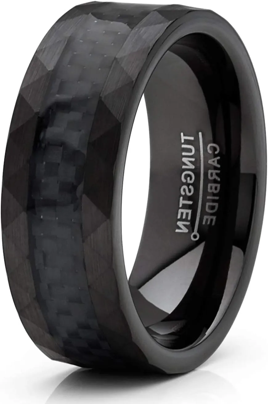 Metal Masters CO. Men's Tungsten Carbide Ring Carbon Fiber Inlay Hammered Wedding Band Black 8MM