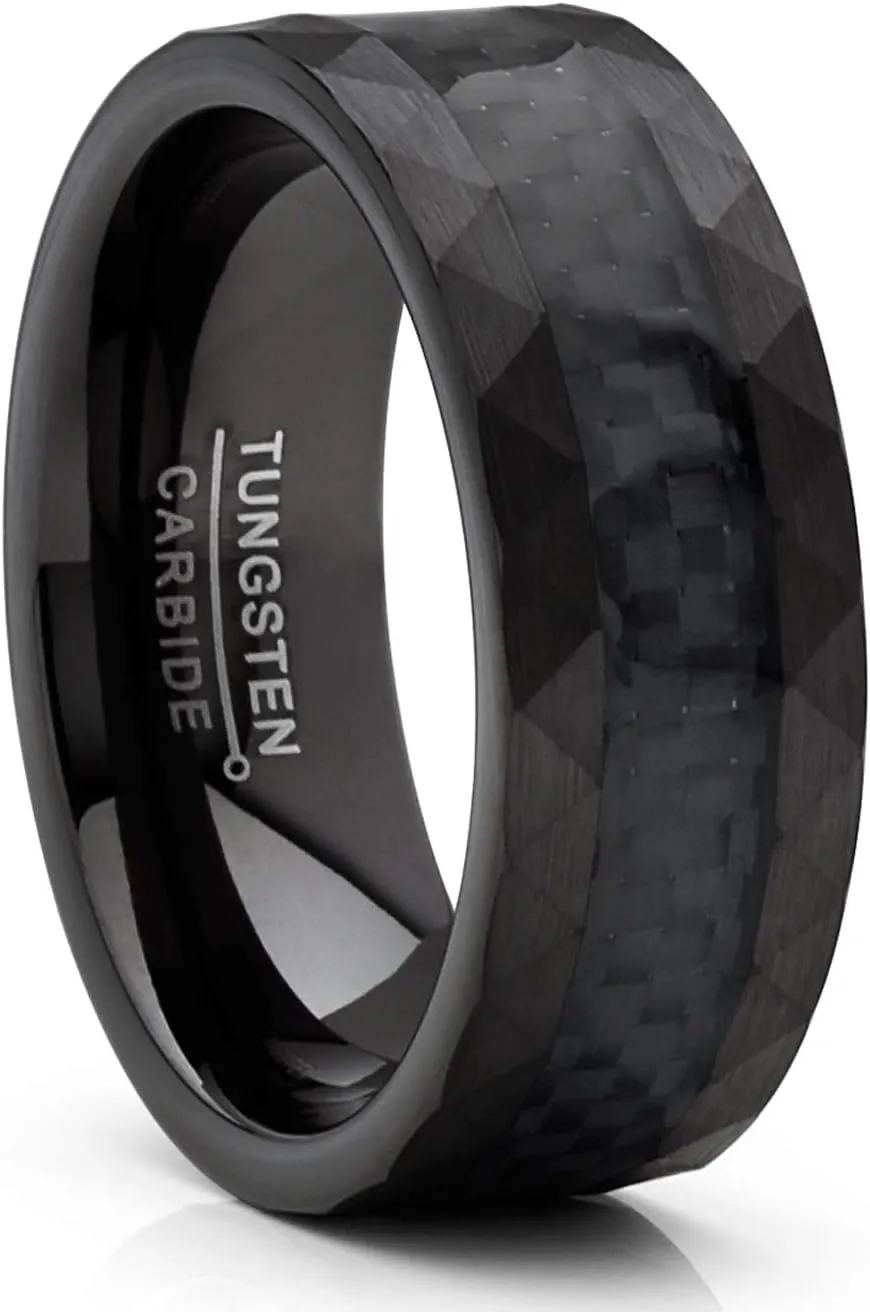 Metal Masters CO. Men's Tungsten Carbide Ring Carbon Fiber Inlay Hammered Wedding Band Black 8MM