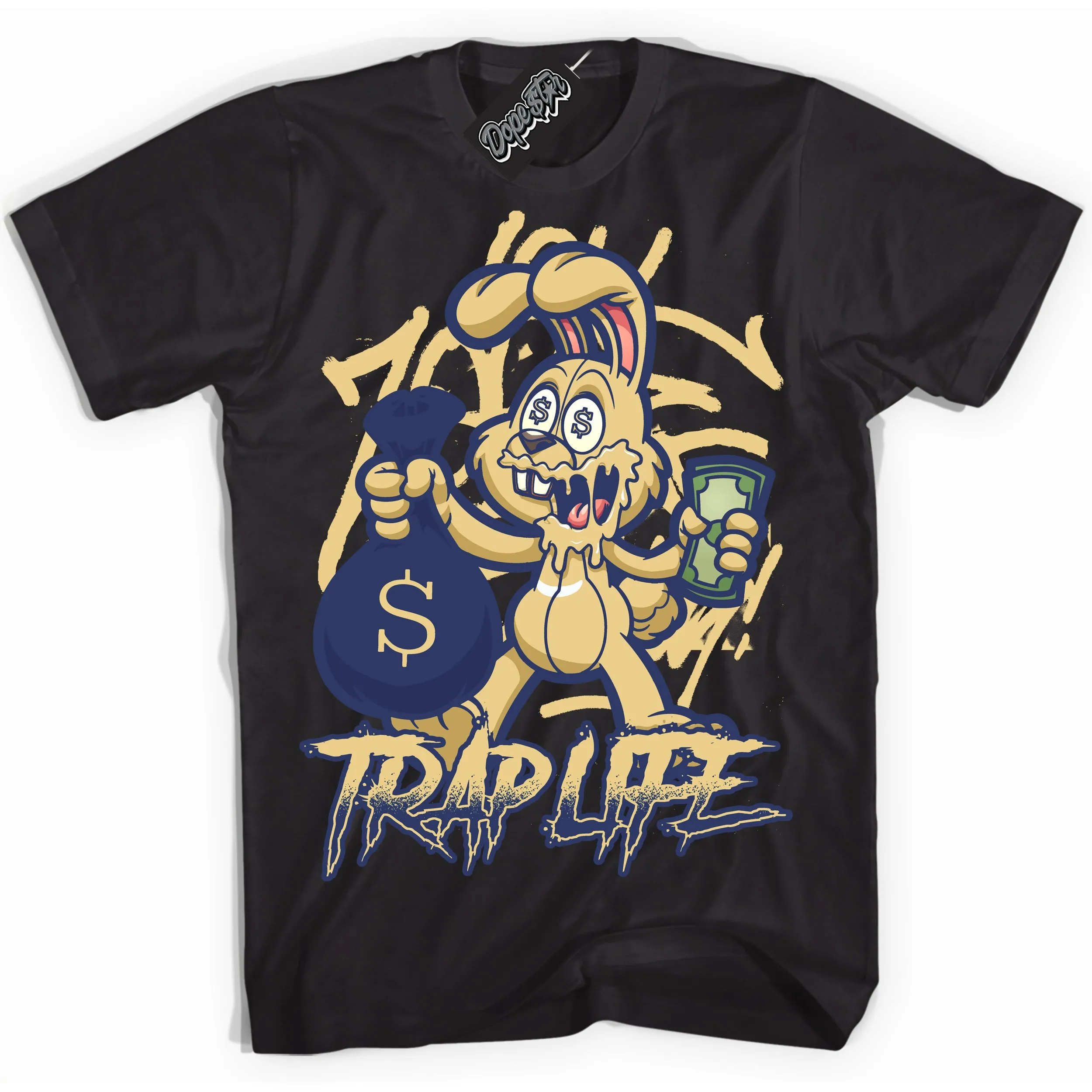 Method of Make Midnight Navy Metallic Gold 1s Sneaker Shirt Trap Rabbit Graphic