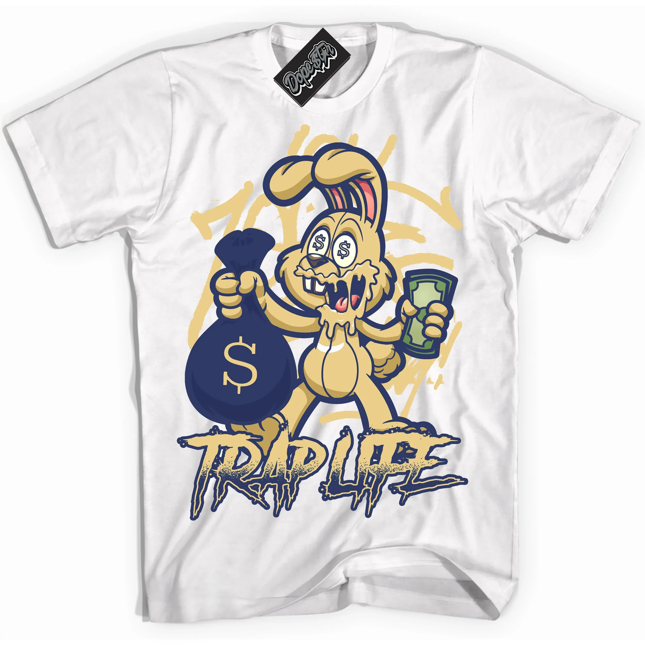 Method of Make Midnight Navy Metallic Gold 1s Sneaker Shirt Trap Rabbit Graphic