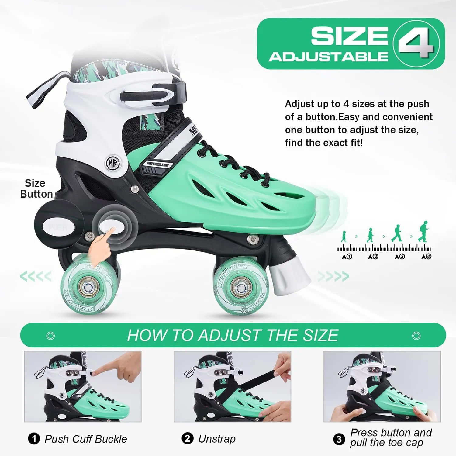 METROLLER Roller Skates for Girls Ages 5-8 8-12 and Boys Teens, Adjustable 4 Sizes for Kids Toddler Rollerskates with Light up Wheels, for Youth Women and Men