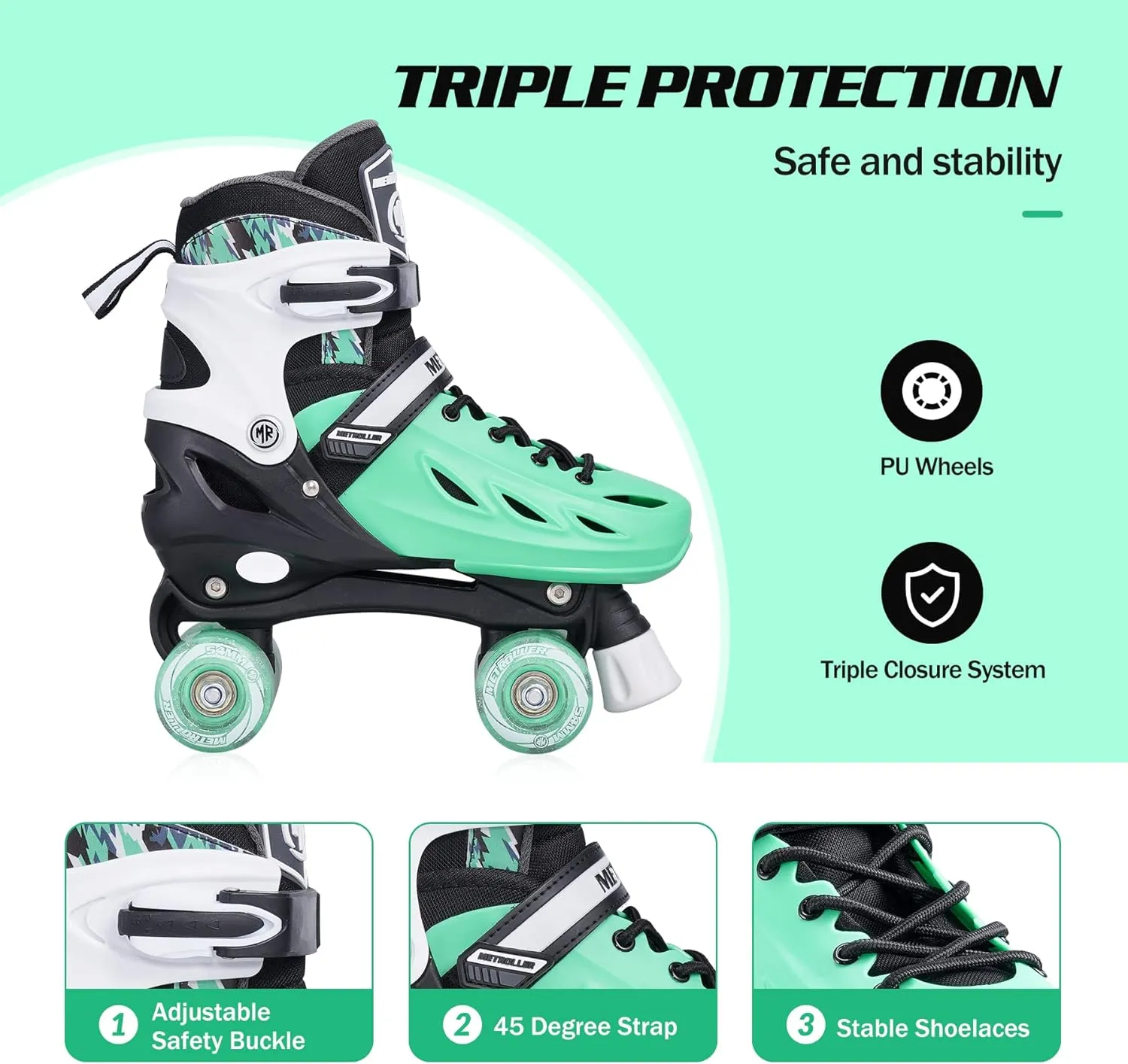 METROLLER Roller Skates for Girls Ages 5-8 8-12 and Boys Teens, Adjustable 4 Sizes for Kids Toddler Rollerskates with Light up Wheels, for Youth Women and Men