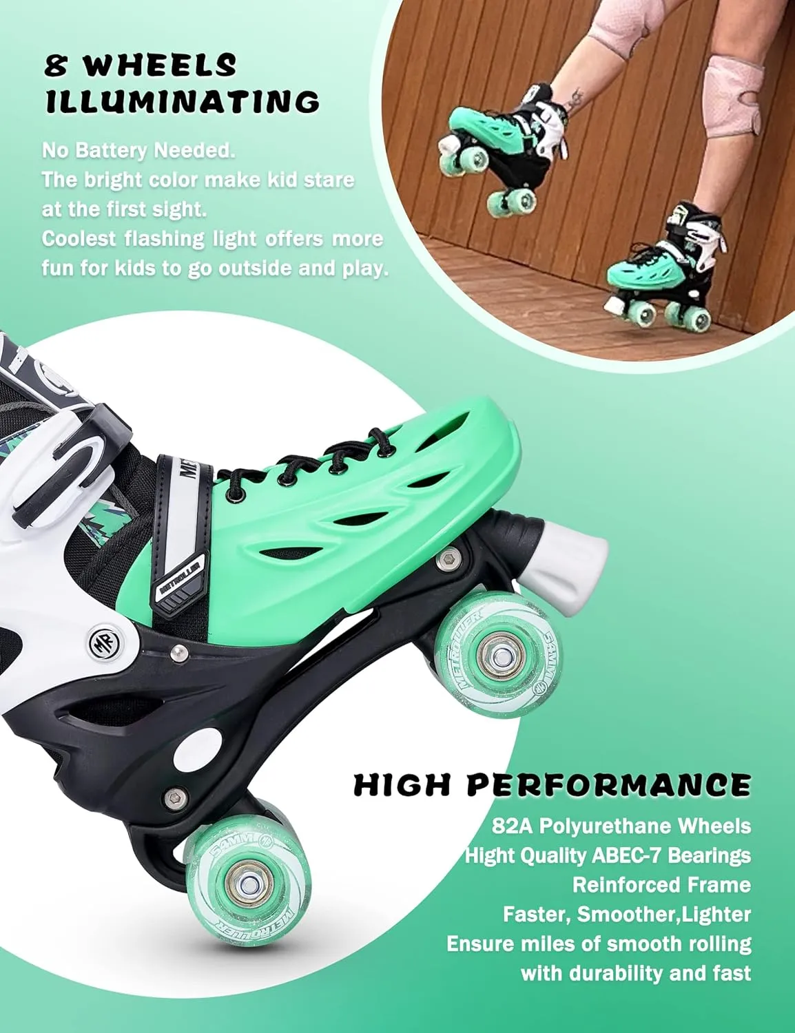 METROLLER Roller Skates for Girls Ages 5-8 8-12 and Boys Teens, Adjustable 4 Sizes for Kids Toddler Rollerskates with Light up Wheels, for Youth Women and Men