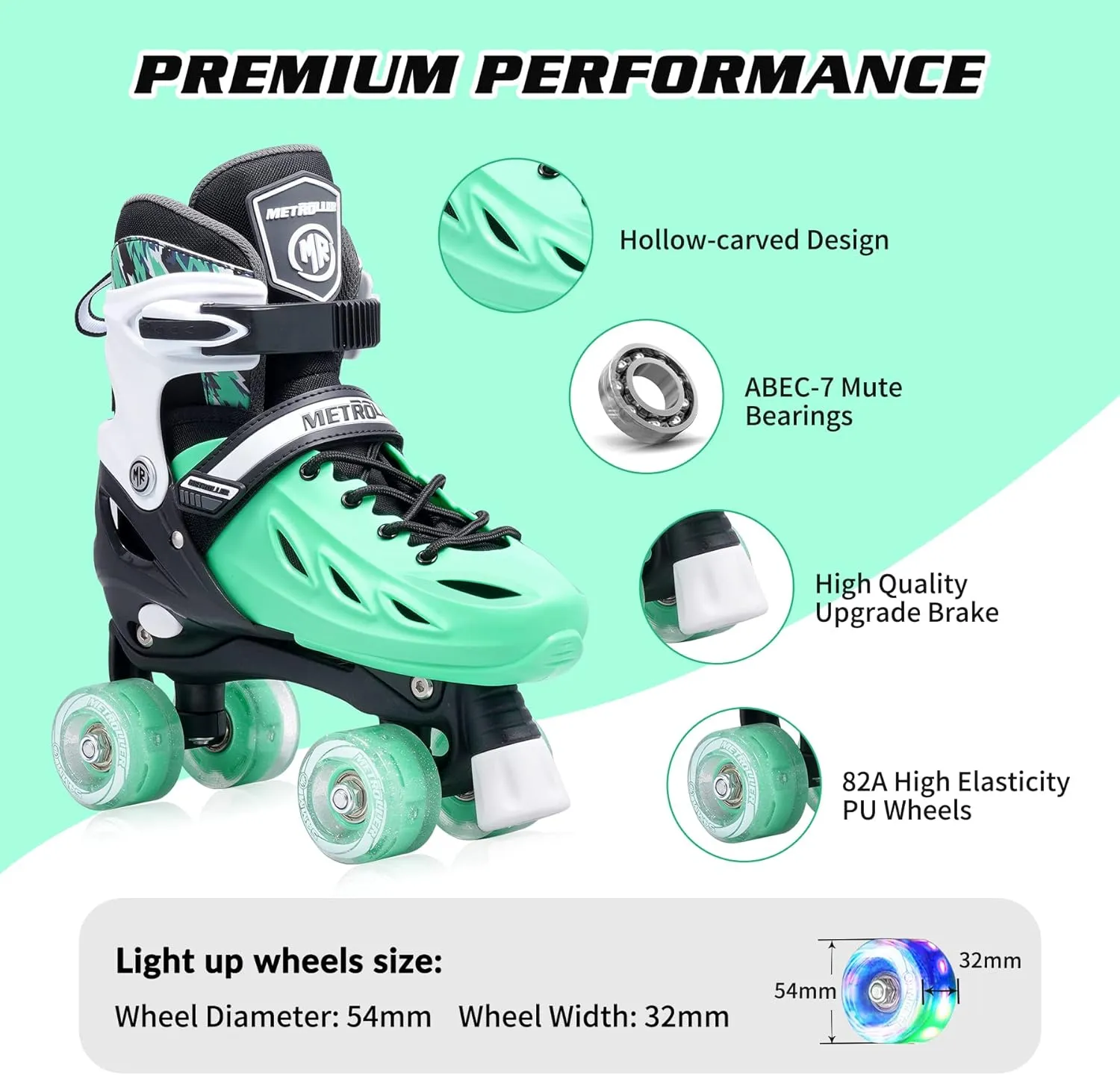 METROLLER Roller Skates for Girls Ages 5-8 8-12 and Boys Teens, Adjustable 4 Sizes for Kids Toddler Rollerskates with Light up Wheels, for Youth Women and Men
