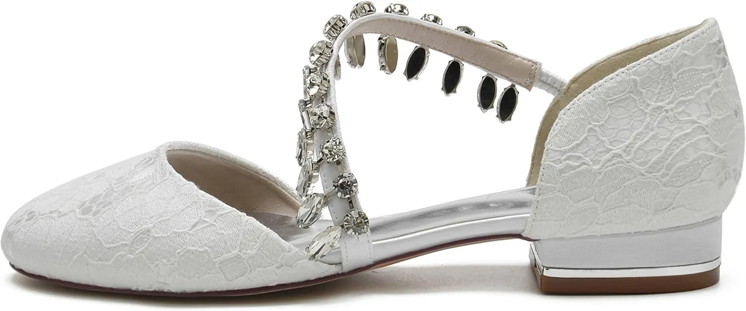 Minishion Comfortable Wedding Flats for Women Girls Lace Round Toe Evening Pumps Shoes BR215