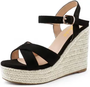 miss left Women Chic Platform Rounded Toe Sandal Cross Strappy Espadrille Wedge Heels Ankle Strap Party Date Dress Shoes Size 4-16 US