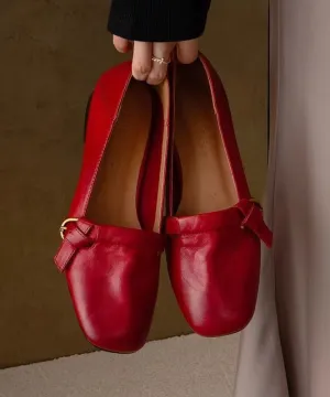 New Cowhide Leather Red Comfortable Splicing Flat Shoes