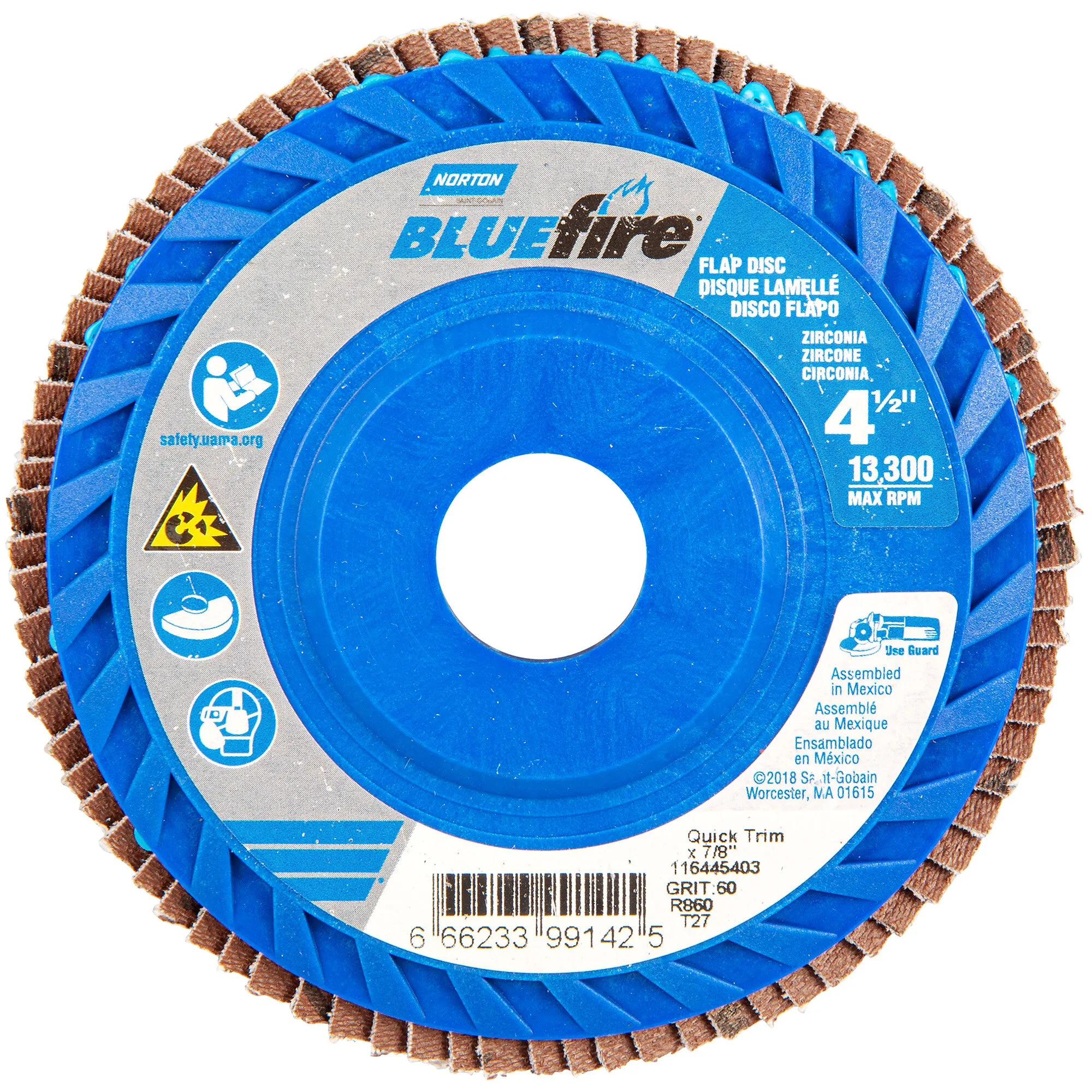 Norton 4-1/2 x 7/8 In. BlueFire Plastic Flat Flap Disc T27 P60 Grit R884P ZA 10 Count
