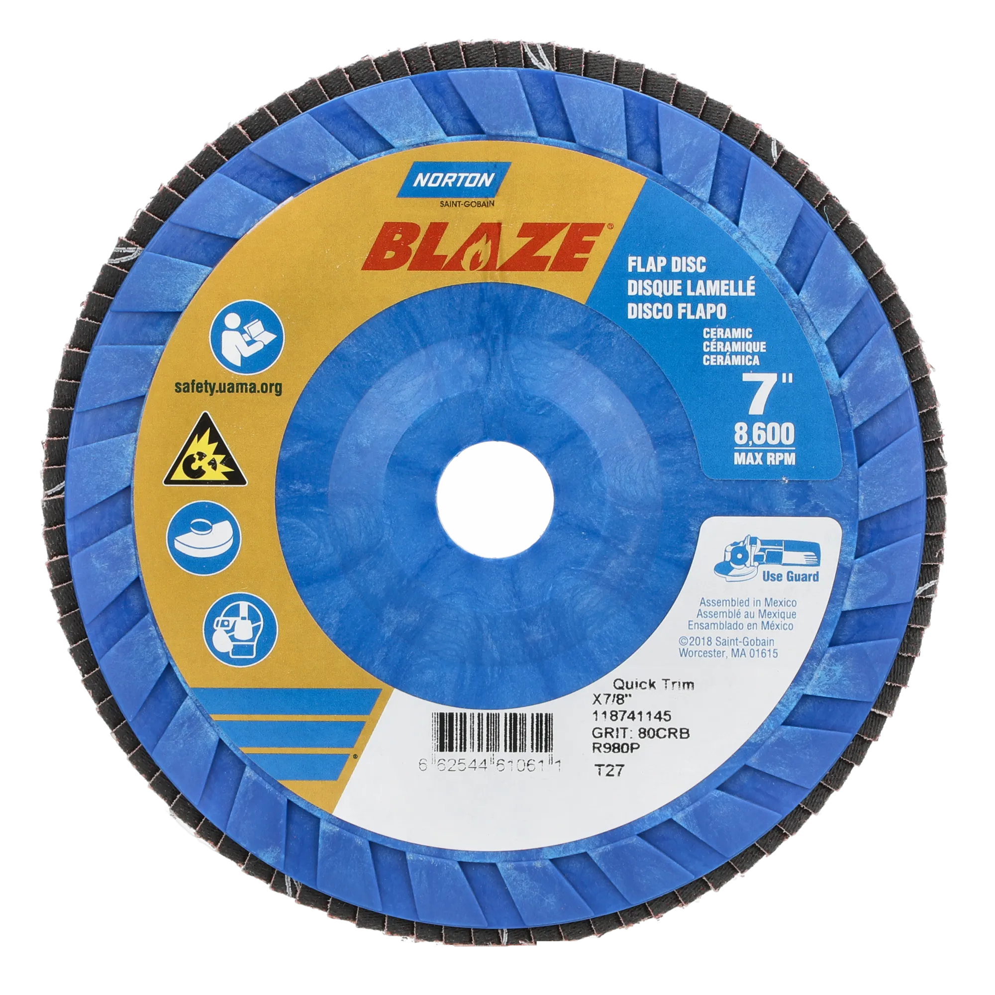 Norton 7 x 7/8 In. Blaze Plastic Flat Flap Disc T27 80 Grit R980P  10 Count
