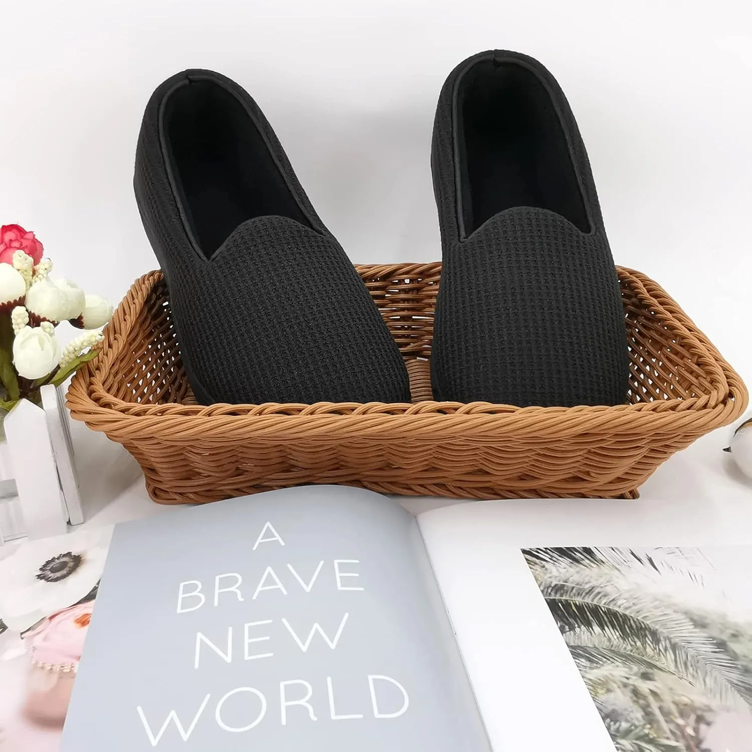 ofoot Womens Comfortable Memory Foam House Slippers Indoor Flat Shoes With Back Cotton Terry Cloth Lining Non Slip Soles