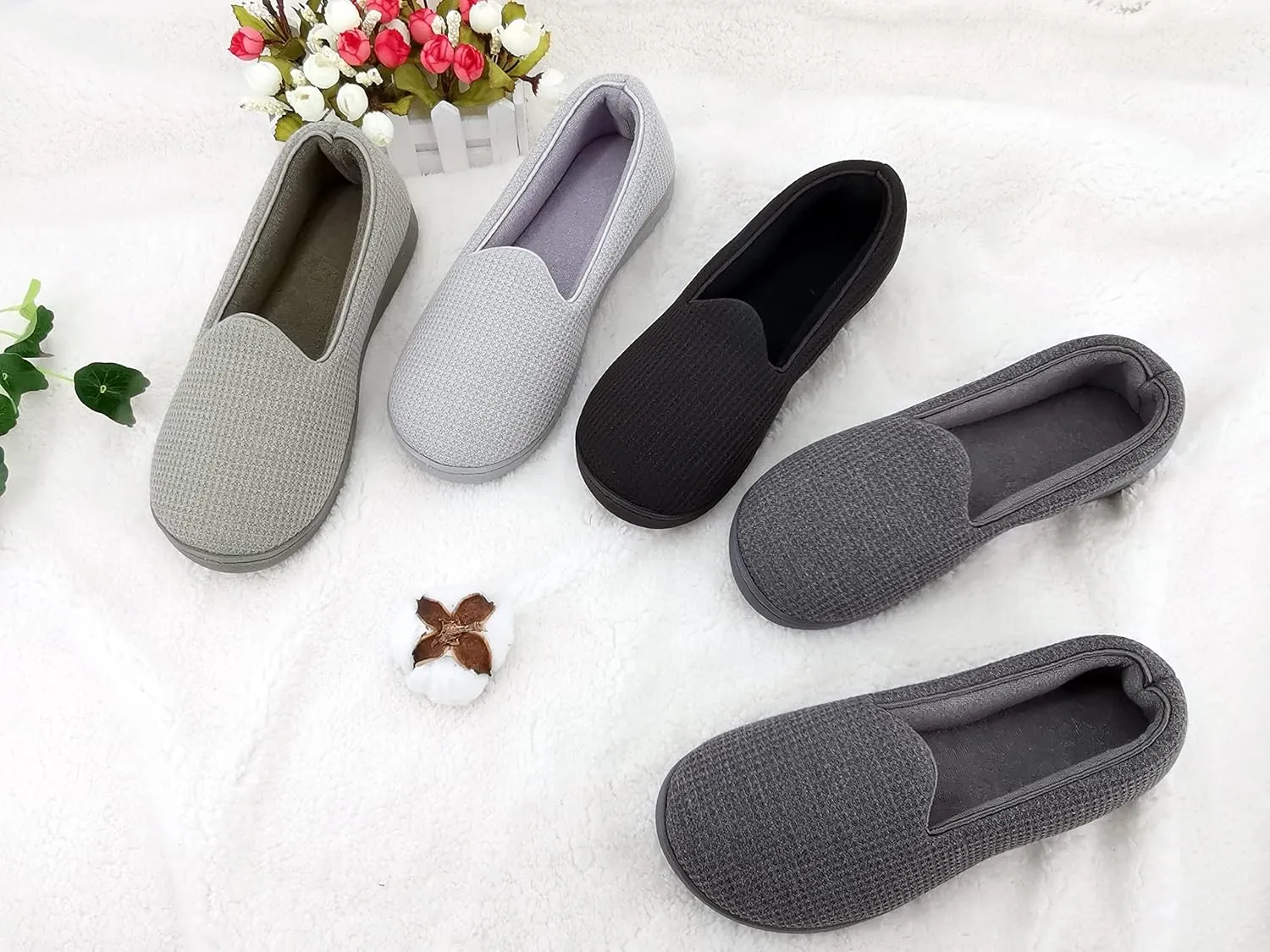 ofoot Womens Comfortable Memory Foam House Slippers Indoor Flat Shoes With Back Cotton Terry Cloth Lining Non Slip Soles
