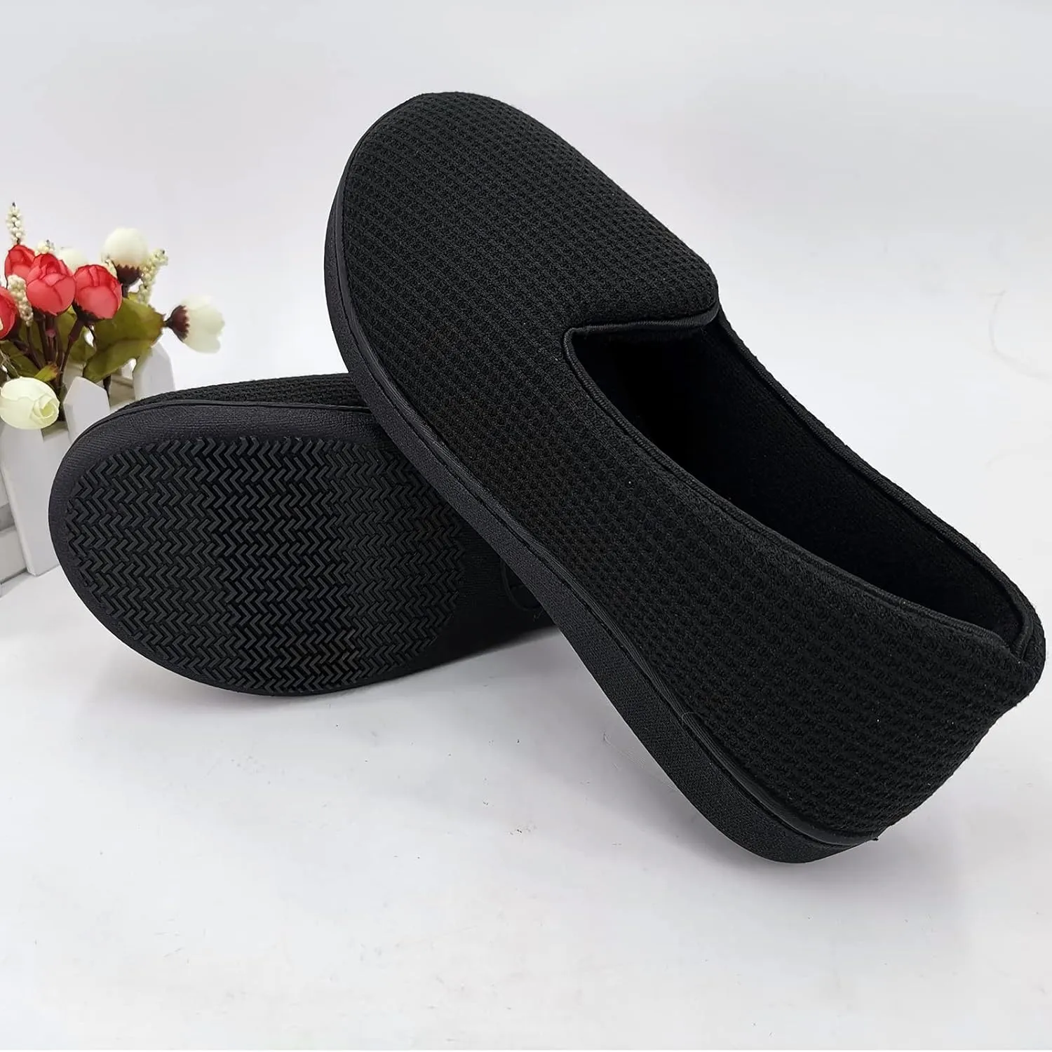 ofoot Womens Comfortable Memory Foam House Slippers Indoor Flat Shoes With Back Cotton Terry Cloth Lining Non Slip Soles