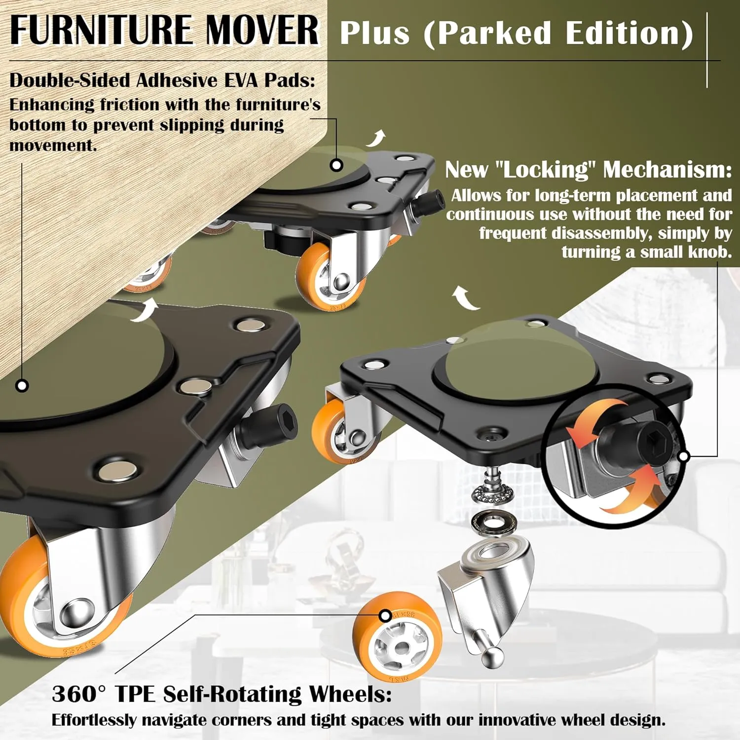 ONEON Furniture Mover Plus Parked Edition with Furniture Lifter, Periodic Moving Needs, Parking Lock Design, Lock Dollies for Long-Term Stability of Heavy Items, No Frequent Setup & Removal