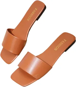 OYOANGLE Women's Leather Dressy Slide Sandals Square Open Toe Comfortable Flat Sandals