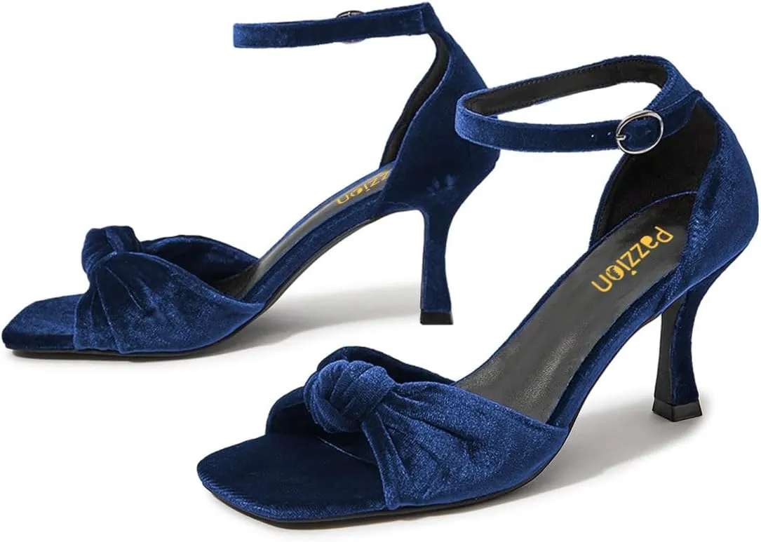 Pazzion Women's Graceful Bows Square Toe Sandals Soft Velvet High Heel Pump Adjustable Ankle Strap Buckled Sexy Prom Dress Shoes Size 4-16 US