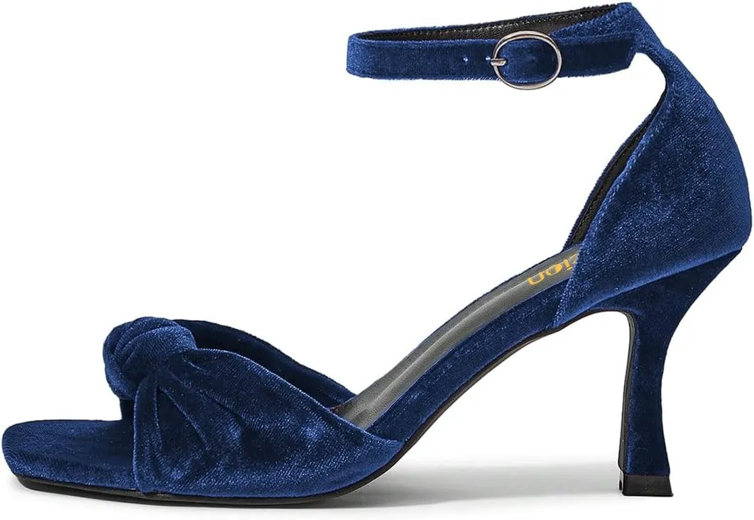 Pazzion Women's Graceful Bows Square Toe Sandals Soft Velvet High Heel Pump Adjustable Ankle Strap Buckled Sexy Prom Dress Shoes Size 4-16 US