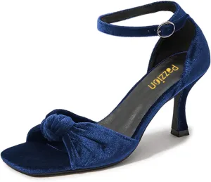 Pazzion Women's Graceful Bows Square Toe Sandals Soft Velvet High Heel Pump Adjustable Ankle Strap Buckled Sexy Prom Dress Shoes Size 4-16 US
