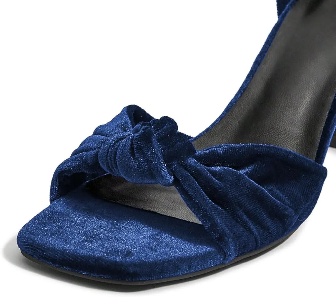 Pazzion Women's Graceful Bows Square Toe Sandals Soft Velvet High Heel Pump Adjustable Ankle Strap Buckled Sexy Prom Dress Shoes Size 4-16 US