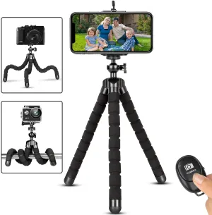 Phone Tripod,Portable and Flexible Adjustable Cell Phone Stand Holder with Remote and Universal Clip for iPhone Android Phone Compact Digital Camera Sports Camera Black