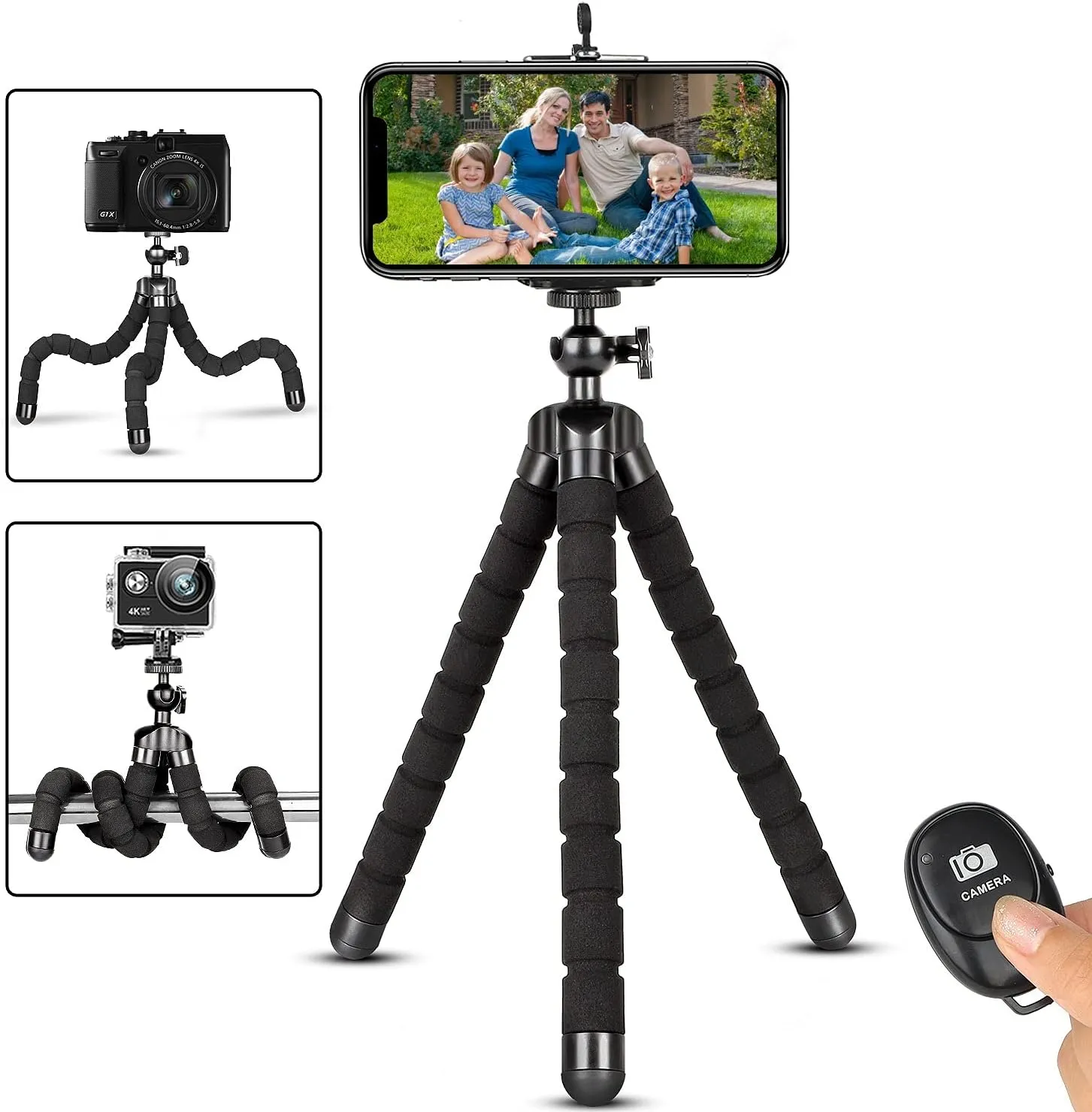 Phone Tripod,Portable and Flexible Adjustable Cell Phone Stand Holder with Remote and Universal Clip for iPhone Android Phone Compact Digital Camera Sports Camera Black