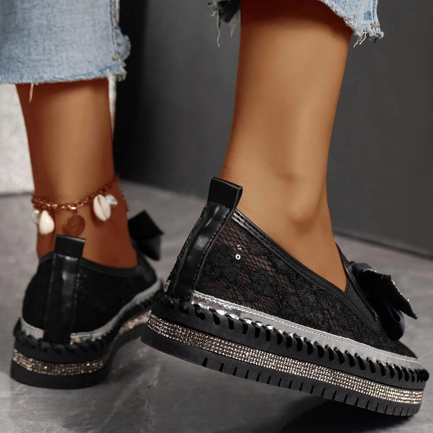 Platform Rhinestones Glitter Sneaker for Women Sparkle Slip On Comfort Sneaker Flat Loafer Casual Shoes