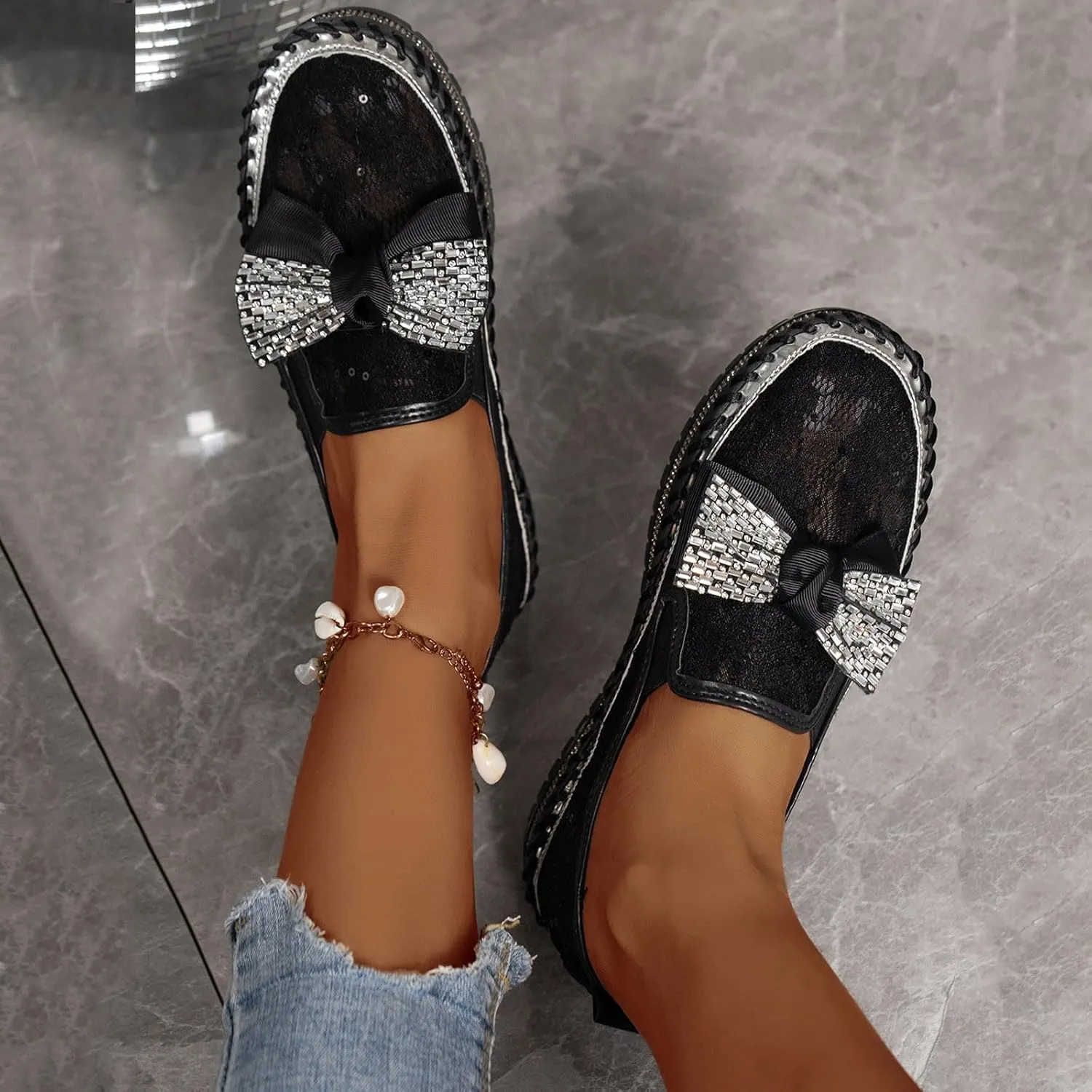 Platform Rhinestones Glitter Sneaker for Women Sparkle Slip On Comfort Sneaker Flat Loafer Casual Shoes