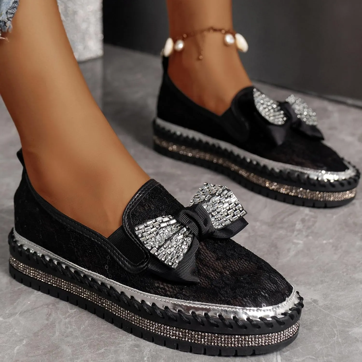 Platform Rhinestones Glitter Sneaker for Women Sparkle Slip On Comfort Sneaker Flat Loafer Casual Shoes