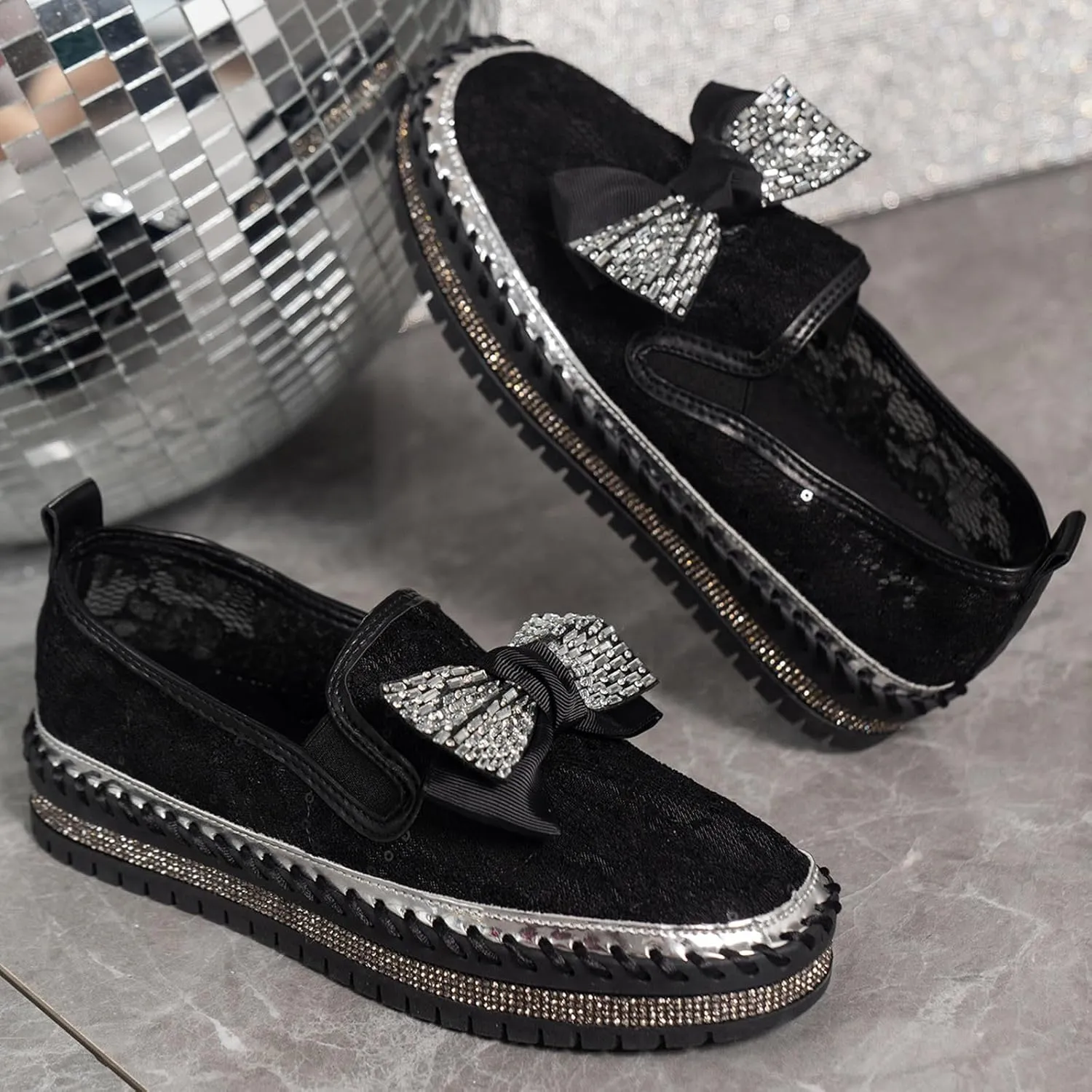 Platform Rhinestones Glitter Sneaker for Women Sparkle Slip On Comfort Sneaker Flat Loafer Casual Shoes