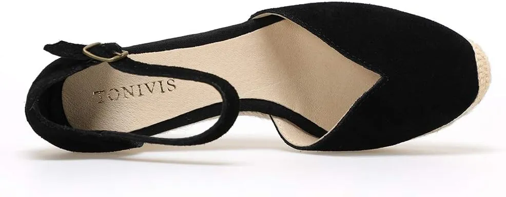 Platform Wedges Sandals for Women, 3" Wedge, Ankle-Strap, Cap Toe, Summer Espadrilles Heel Shoes