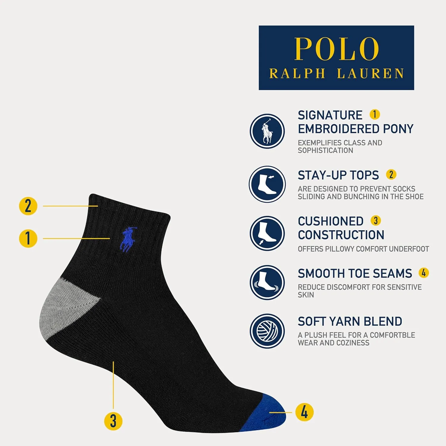 Polo Ralph Lauren Boys' Classic Sport Ankle Socks-6 Pair Pack-Soft Stretchy Yarn & Stay Up Top