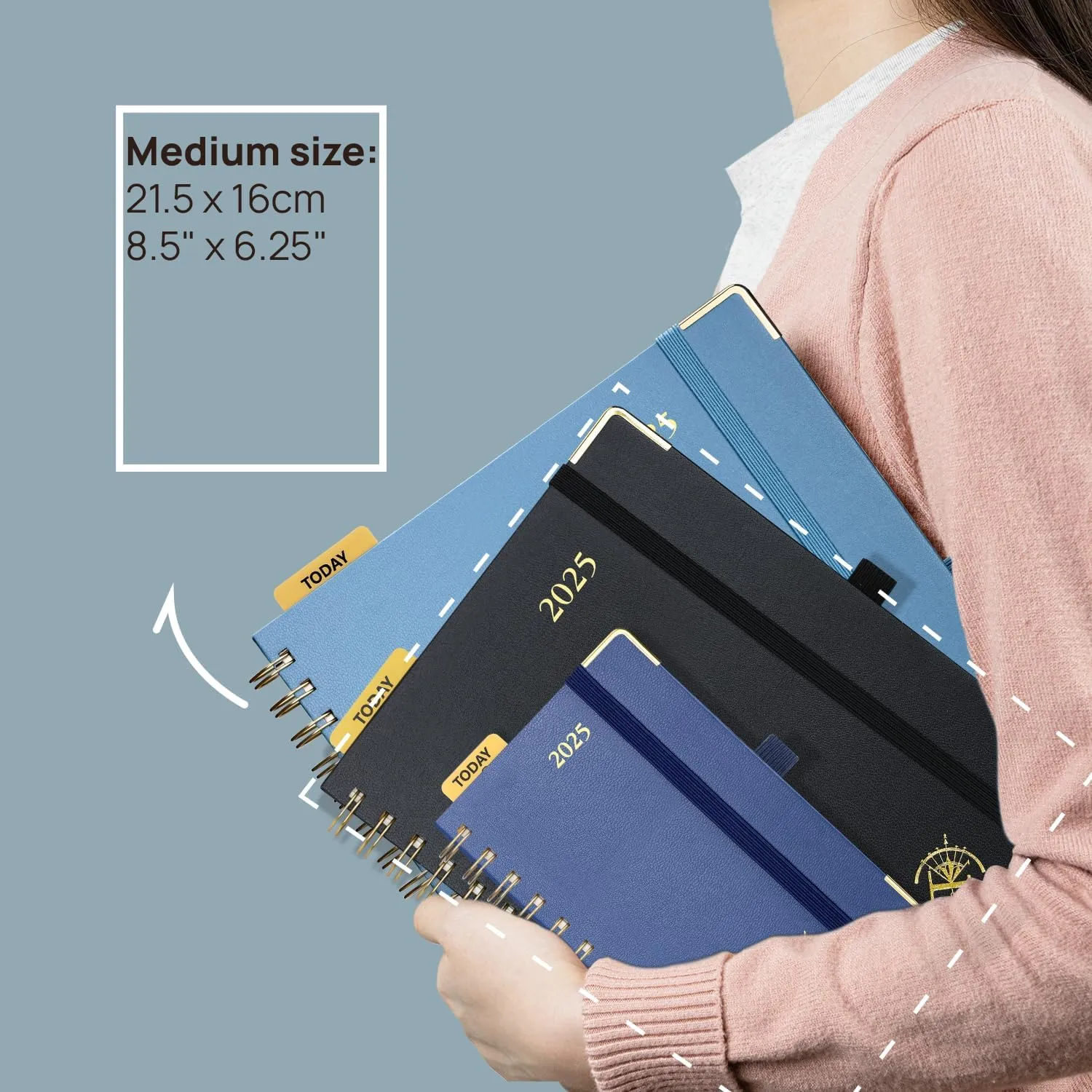 POPRUN 2025 Planner (Medium Size 8.5'' x 6.25'' Wire-Bound Hard Cover) Daily Weekly and Monthly Calendar - Agenda 2025 with Hourly Schedule & Vertical Weekly Layout, Monthly Tabs - Navy Blue