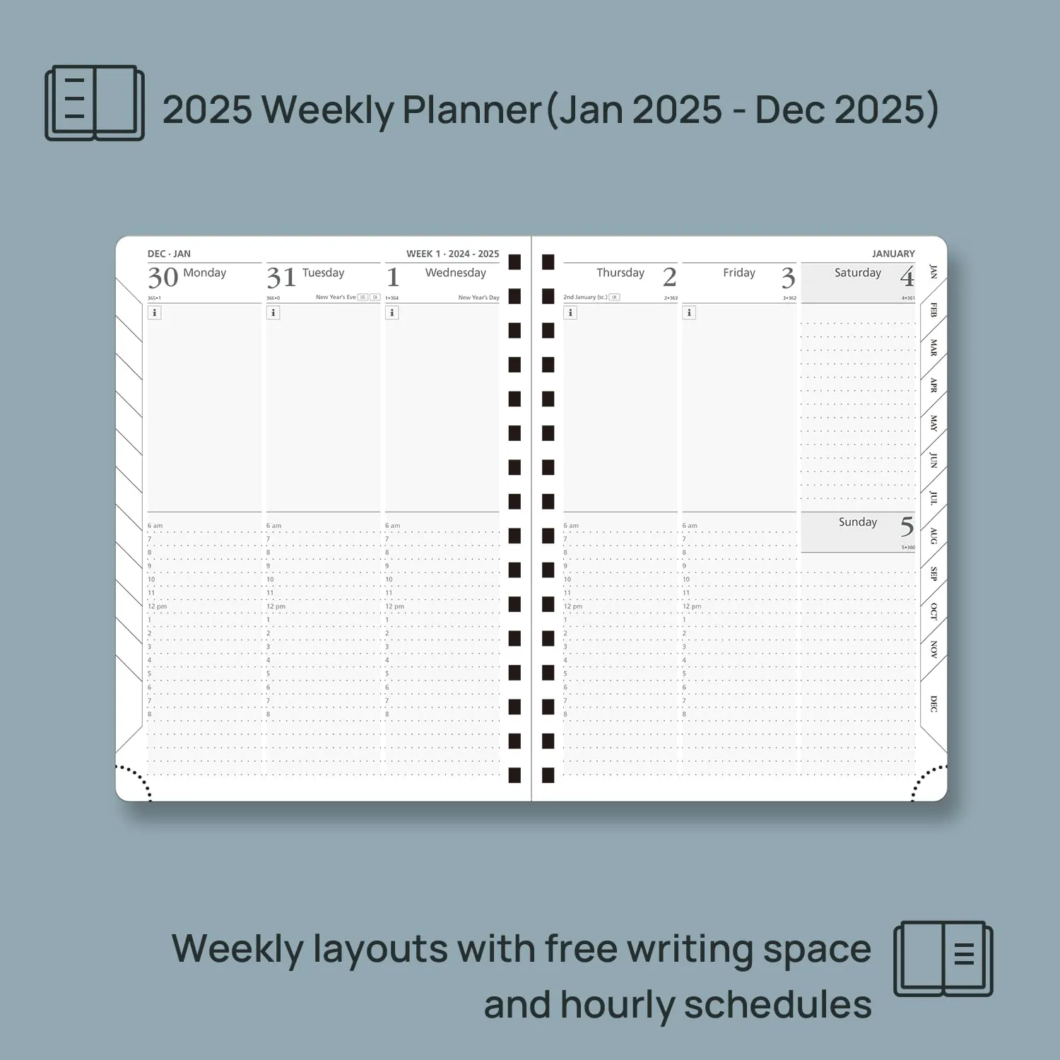 POPRUN 2025 Planner (Medium Size 8.5'' x 6.25'' Wire-Bound Hard Cover) Daily Weekly and Monthly Calendar - Agenda 2025 with Hourly Schedule & Vertical Weekly Layout, Monthly Tabs - Navy Blue