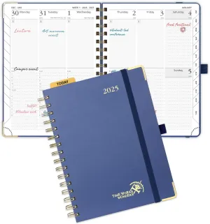 POPRUN 2025 Planner (Medium Size 8.5'' x 6.25'' Wire-Bound Hard Cover) Daily Weekly and Monthly Calendar - Agenda 2025 with Hourly Schedule & Vertical Weekly Layout, Monthly Tabs - Navy Blue