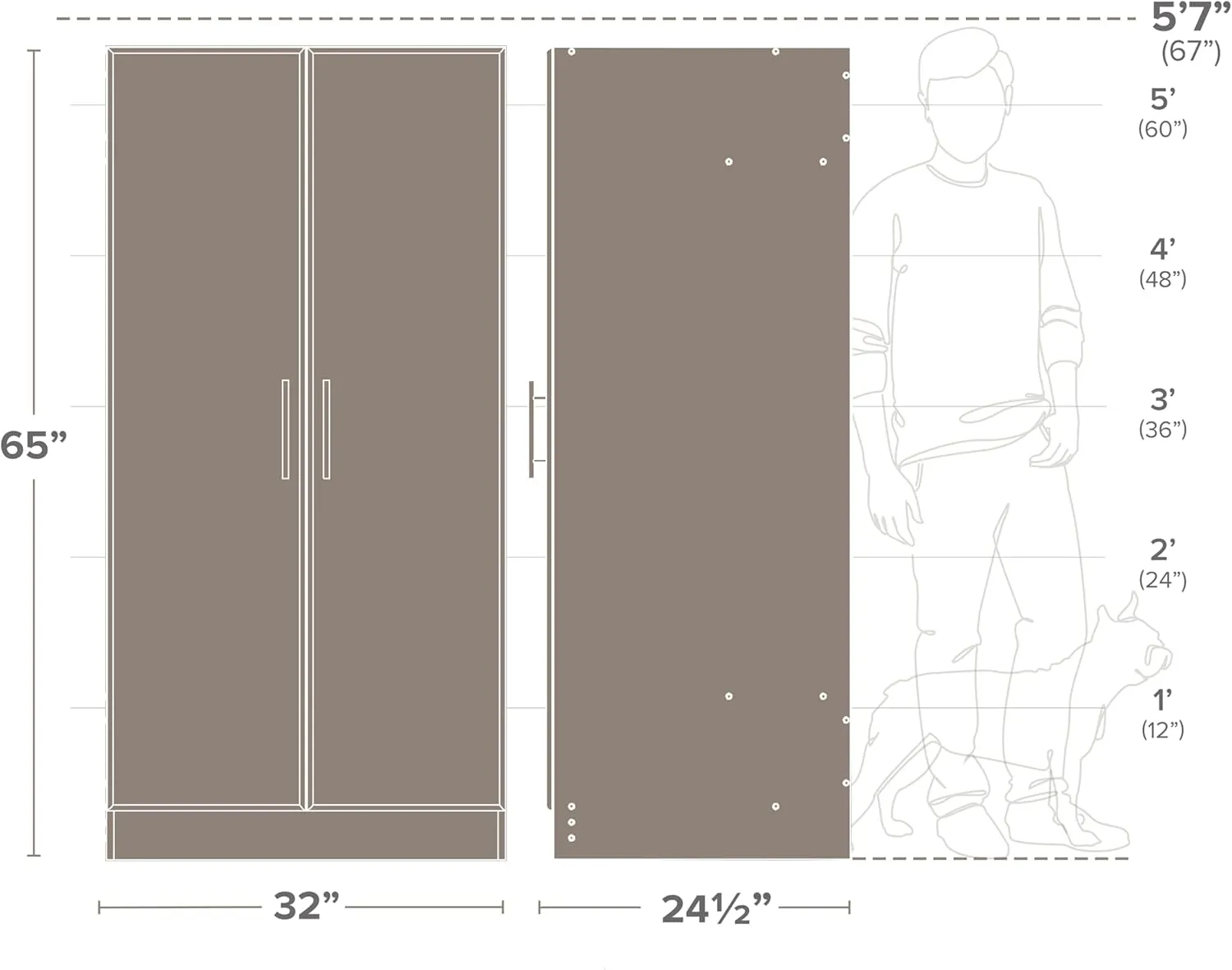 Prepac Elite 32" Storage Cabinet Closet, Light Gray Storage Cabinet with Hanging Rail and Shelves for Living room, Kitchen and Laundry room 24.5" D x 32" W x 65" H