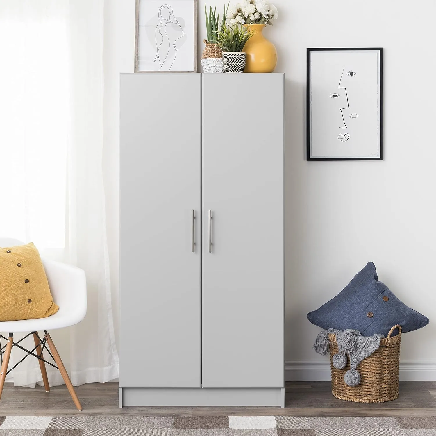 Prepac Elite 32" Storage Cabinet Closet, Light Gray Storage Cabinet with Hanging Rail and Shelves for Living room, Kitchen and Laundry room 24.5" D x 32" W x 65" H