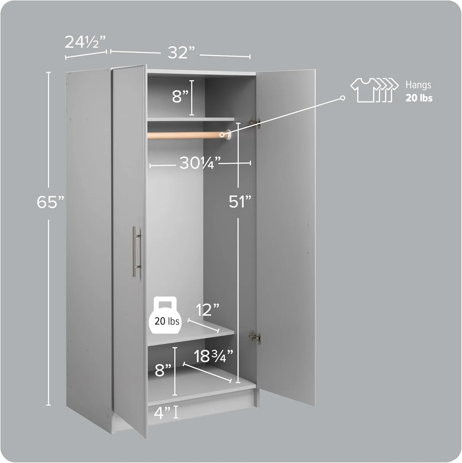 Prepac Elite 32" Storage Cabinet Closet, Light Gray Storage Cabinet with Hanging Rail and Shelves for Living room, Kitchen and Laundry room 24.5" D x 32" W x 65" H