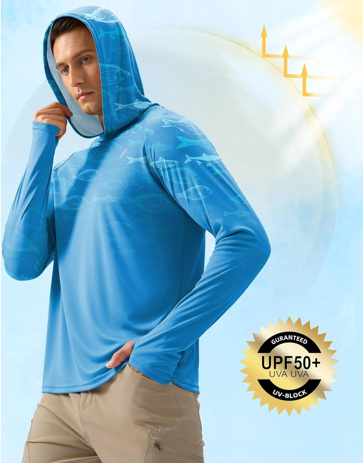 Pudolla Men's Sun Protection Hoodie Shirts UPF 50  Rash Guard SPF Long Sleeve Fishing Shirt for Men Swim Hiking Boating
