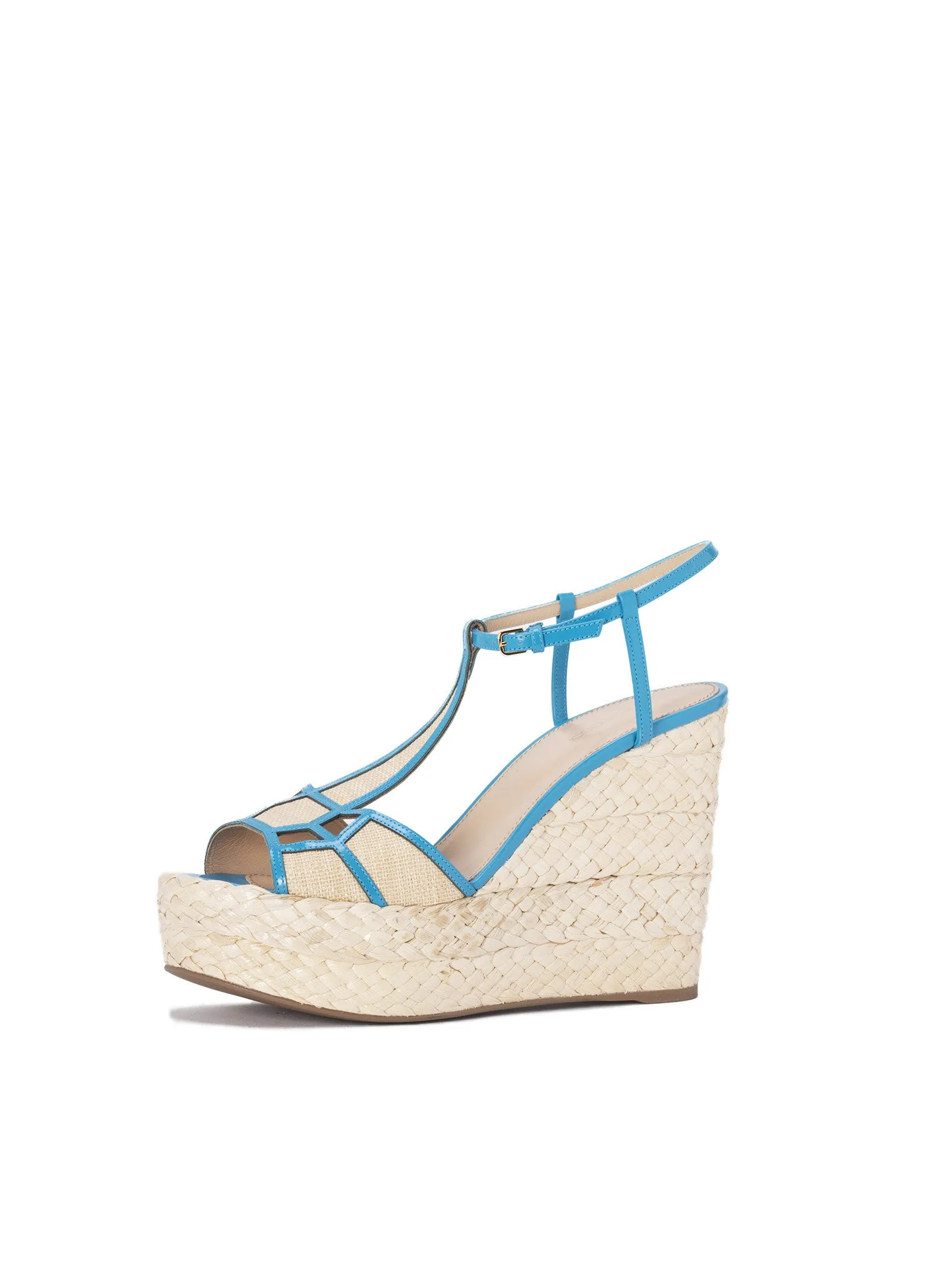 Puzzle Leather and Raffia Espadrille Wedge Sandals