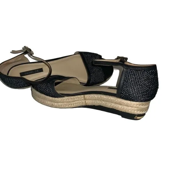Rachel Zoe Black Raffia Ankle Strap Sandals Espadrille Wedge Soles