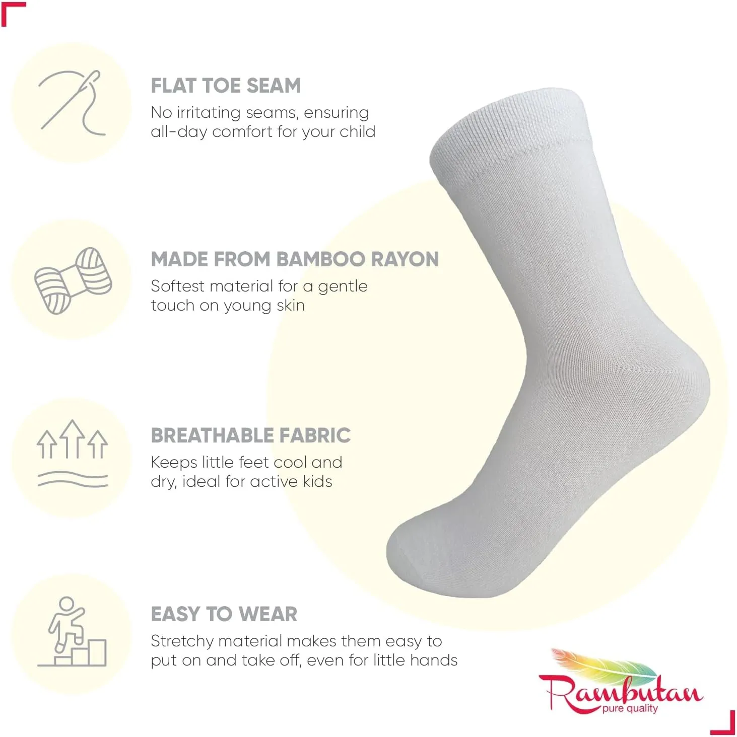 Rambutan Kids (3 Pack) Comfort Seam Plain Color Rayon derived from bamboo School Socks