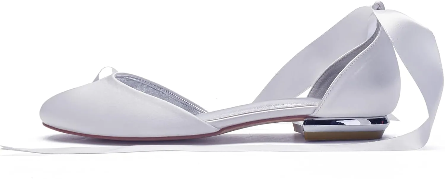 Ribbon Tie Wedding Flats for Bride 5047-62 Satin Comfortable Round Toe Party Dress Pumps Ballet Flat Shoes