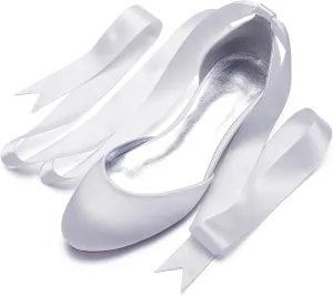 Ribbon Tie Wedding Flats for Bride 5047-62 Satin Comfortable Round Toe Party Dress Pumps Ballet Flat Shoes