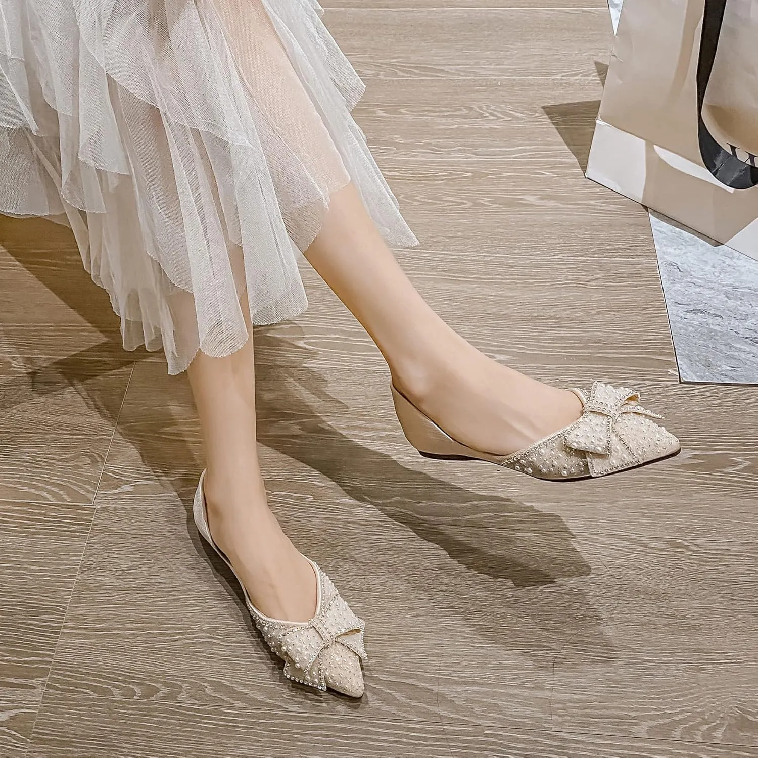 SAILING LU Sequins Flats Bow-Knot Shoes Women Dressy Pointed Toe Bridal Shoes for Wedding Comfortable Loafers Slip-ons