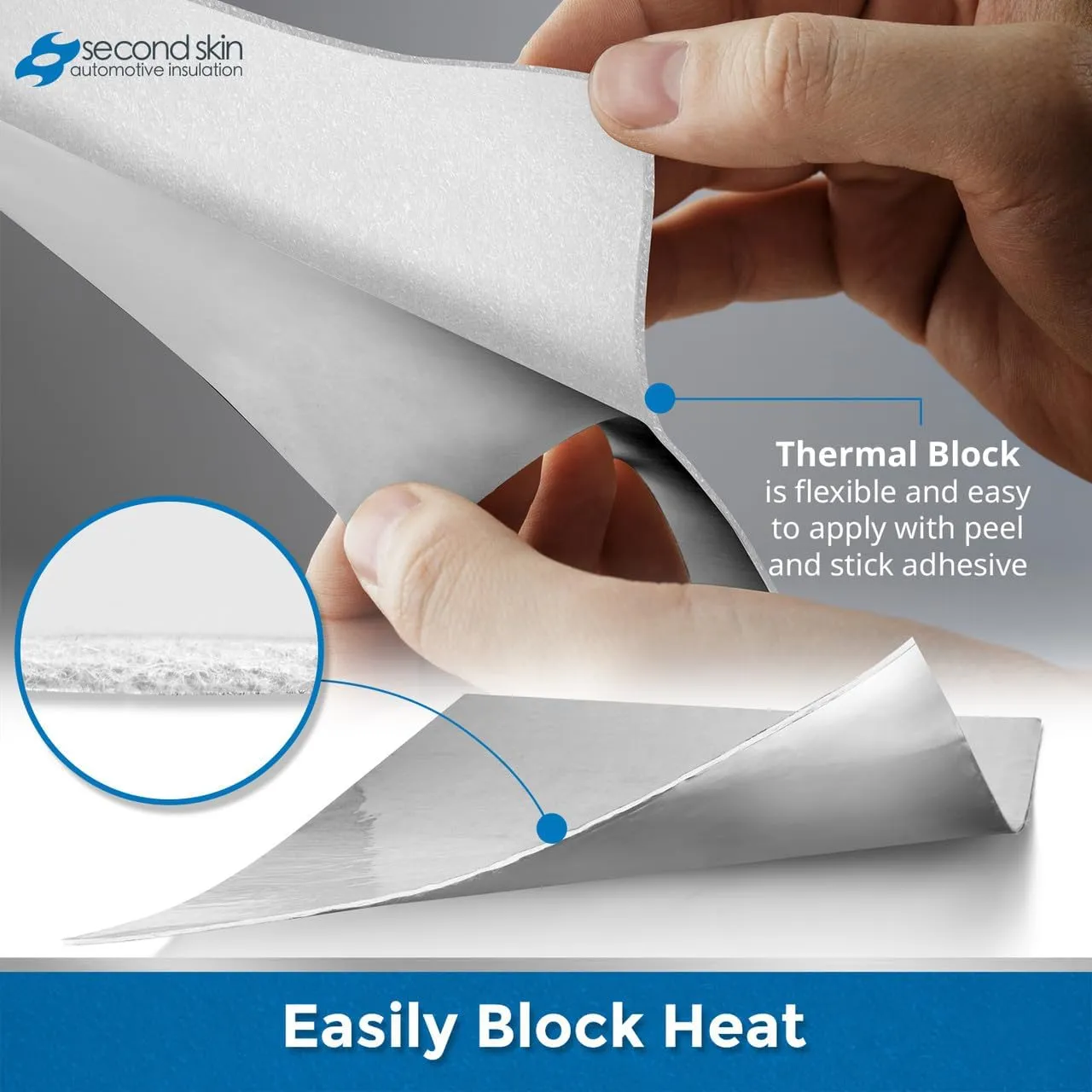 Second Skin Thermal Block - Automotive Heat Shield - Reflective Aluminum, PET Fibers, Peel & Stick (2 sq ft, 1 Sheet, Flat Foil) - Made in USA