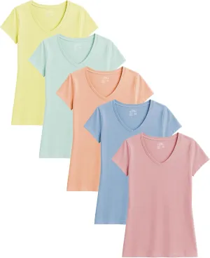 Sexy Basics Women's 5 & 10 Pack Casual & Active Cotton Stretch V Neck Short Sleeve Shirts