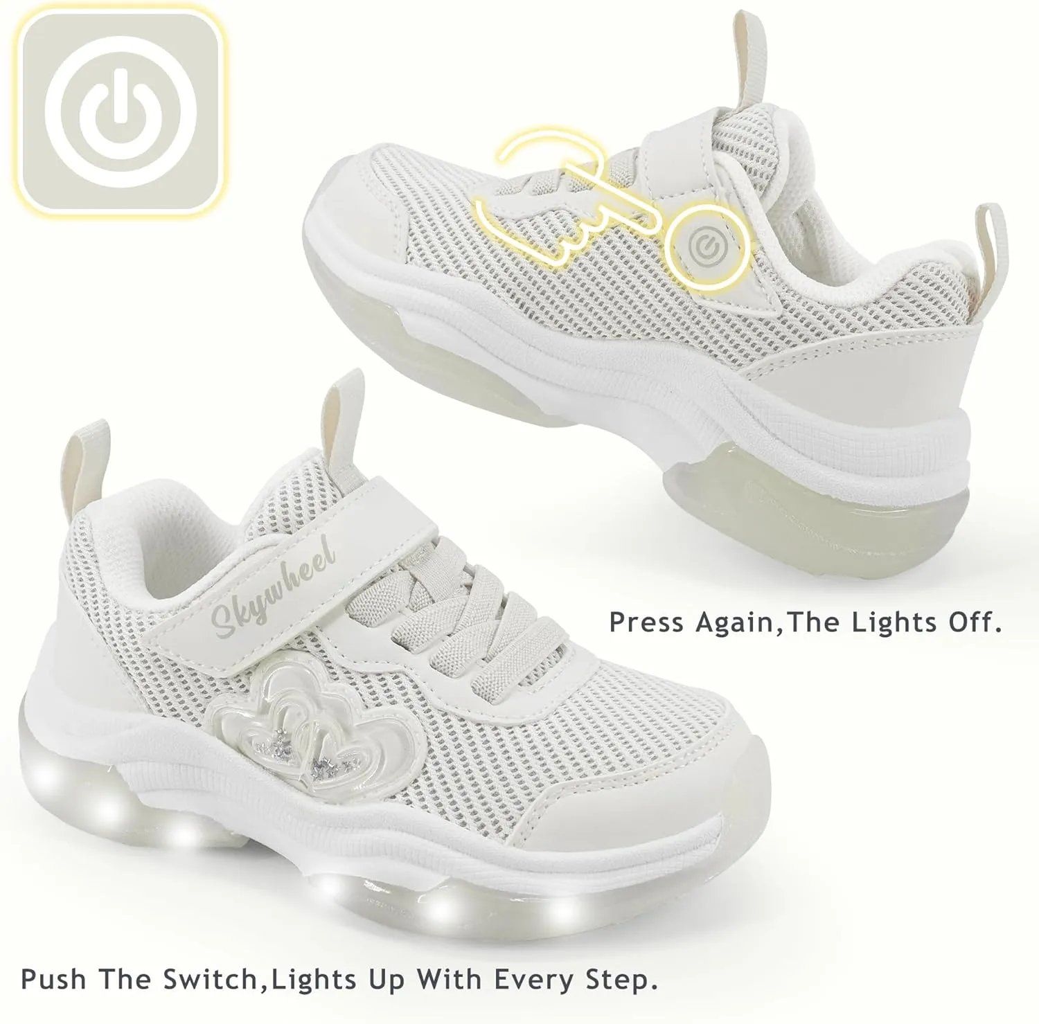SKYWHEEL Kids Shoes for Girls Light Up Shoes with Switch Tennis Running Athletic Sneaker Little Girls Footwear
